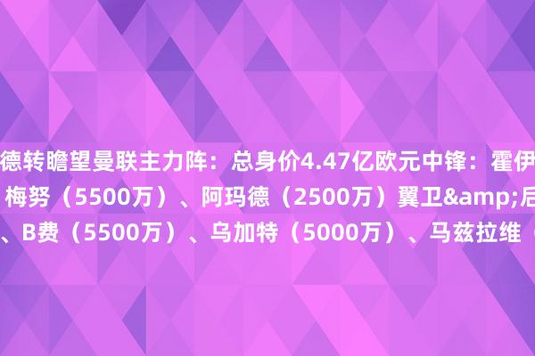 德转瞻望曼联主力阵：总身价4.47亿欧元中锋：霍伊伦（6000万）前腰：梅努（5500万）、阿玛德（2500万）翼卫&后腰：多古（2000万）、B费（5500万）、乌加特（5000万）、马兹拉维（3200万）后卫：马奎尔（1500万）、德里赫特（4500万）、约罗（5500万）门将：奥纳纳（3500万）体育录像/图片