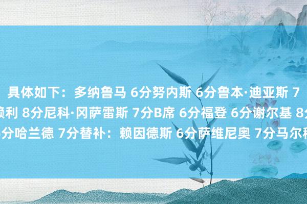 具体如下：多纳鲁马 6分努内斯 6分鲁本·迪亚斯 7分格瓦迪奥尔 6分奥赖利 8分尼科·冈萨雷斯 7分B席 6分福登 6分谢尔基 8分多库 6分哈兰德 7分替补：赖因德斯 6分萨维尼奥 7分马尔穆什 6分阿克 6分    体育赛事直播
